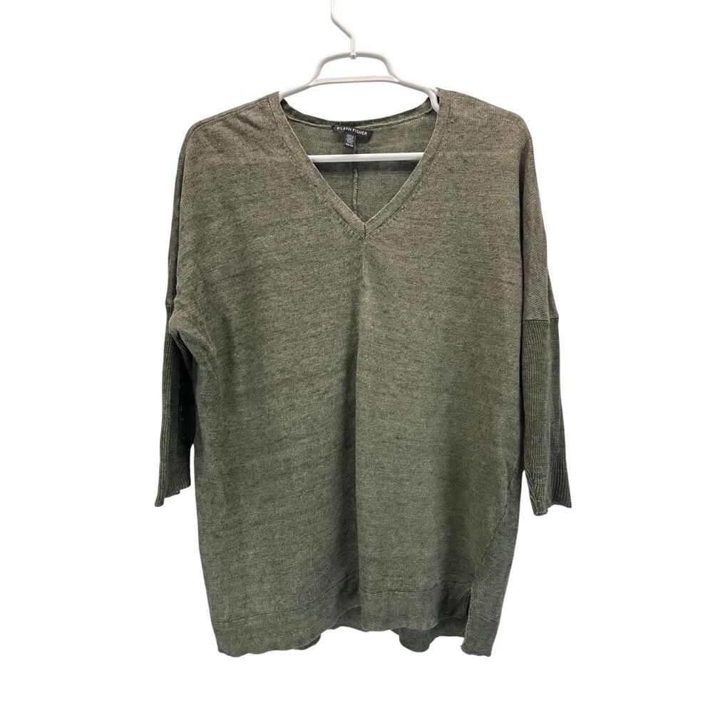Eileen Fisher Linen Sweater Lightweight V-Neck Green XS